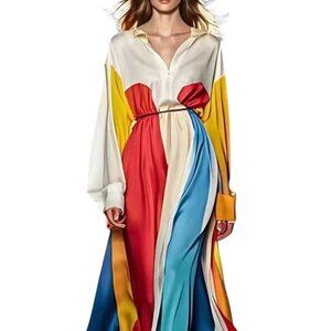 Uoozee Multicolor Satin Maxi Dress NWT Medium Oversized Colorblock Long